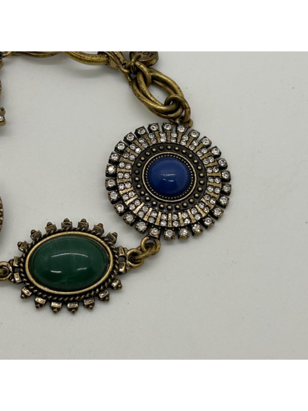 LOFT Vintage Brass Gold Tone Cabochon Stone Pave Crystal Link Bracelet - Picture 4 of 10